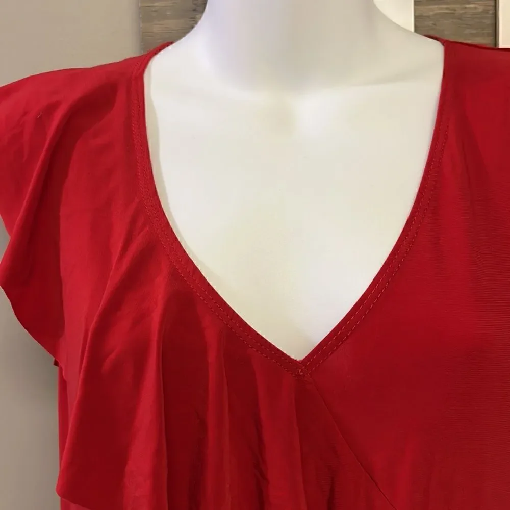 Bebe Red V-Neck Sleeveless Ruffled Wide Leg Back Zip-Up Jumpsuit- Size 6